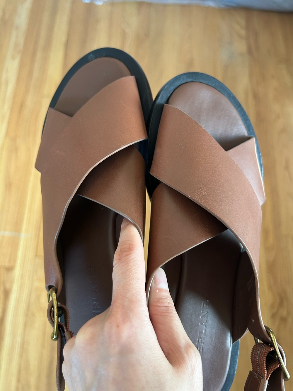 Brown Leather Sandals with Gold Buckle